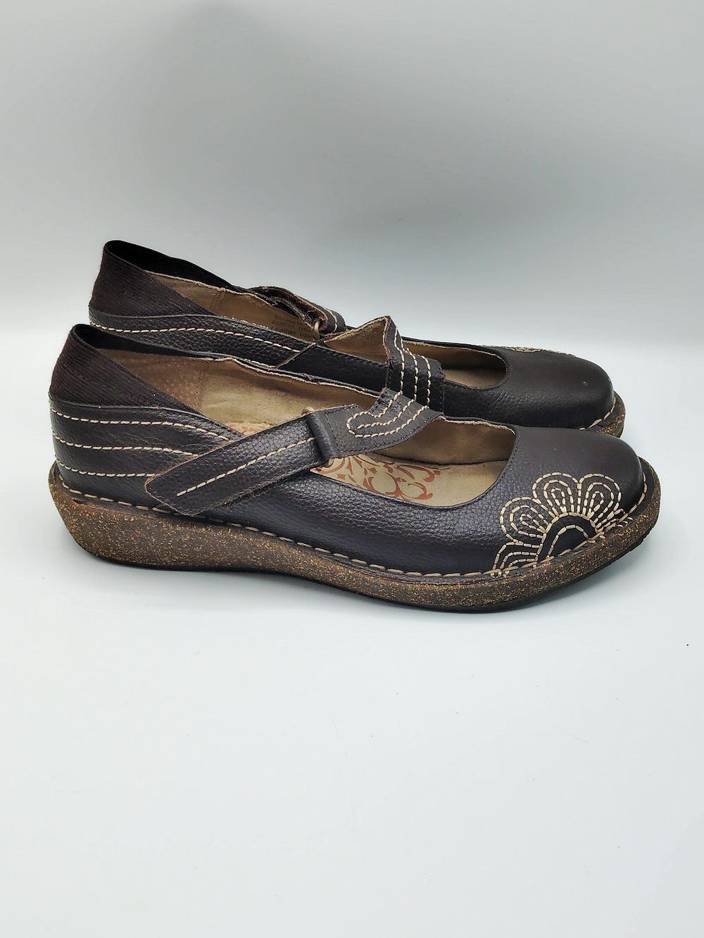 Aetrex Brown Leather Mary Jane Wedge Flats with Floral Stitching